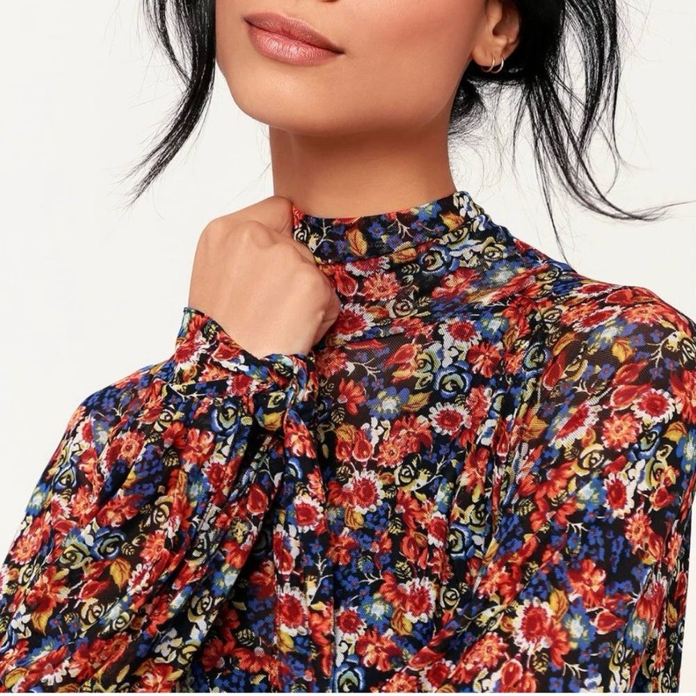Free People All Dolled Up Mesh Sheer S Floral Long Sleeve Top Balloon High Neck - Picture 4 of 11